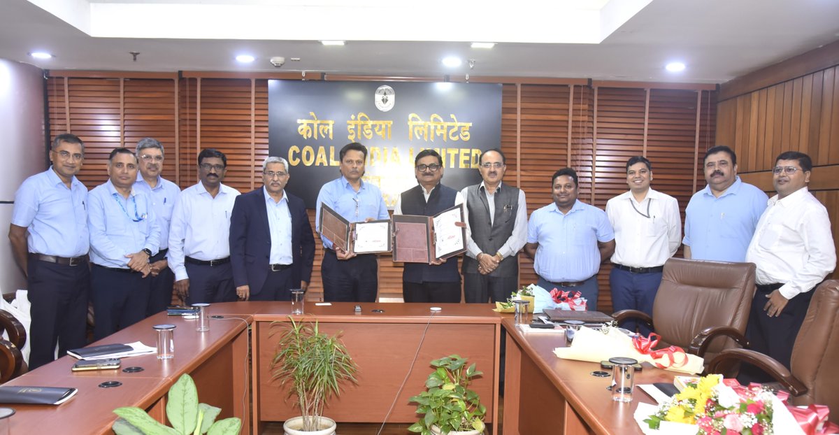 CoalIndiaHQ's tweet photo. Coal India  and IRCON Sign MoU to Transform Rail Infrastructure for Enhanced Coal Transportation

We are pleased to announce that we have signed a Memorandum of Understanding (MoU) to develop rail infrastructure projects for CIL and its subsidiaries from concept to commissioning operations and maintenance with IRCON International Limited.

The MoU was signed by our Director Technical, Shri Achyut Ghatak, and Shri Ajit Kumar Mishra, Director (Works), IRCON International Limited, in presence of our Chairman, Shri P.M. Prasad  and senior officials from both organizations.

The partnership aims to leverage the technical expertise of IRCON International Limited to conceptualize, plan, design, and execute rail infrastructure projects that will enhance coal evacuation and transportation for Coal India  and its subsidiaries.

#CoalIndia #GoldenJubileeYear #CoalIndiaAt50 

@kishanreddybjp| @satishdubeyy| @CoalMinistry|  @KishanreddyOfc| @PIB_Coal| @IrconOfficial