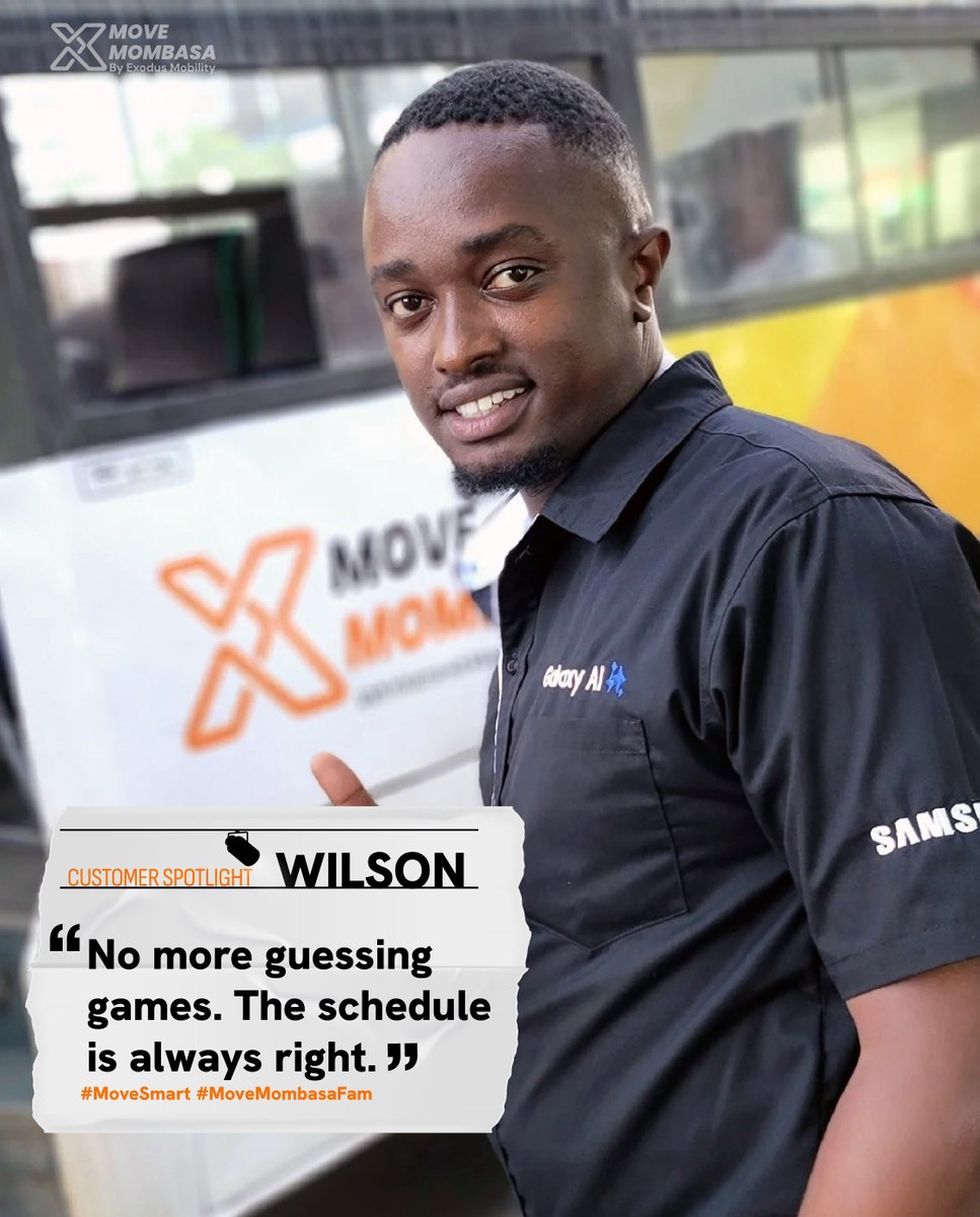 ExodusMobility's tweet photo. Meet Wilson, our early bird from Bamburi Mwisho! 
Our rider, a Sales Executive for Samsung in Mombasa, loves the consistency and reliability of his 6:15 AM bus from Bamburi Mwisho.
We handle the clock so you can focus on your day (and Sundays are reserved for church and Arsenal https://t.co/aCDY8UE0qt