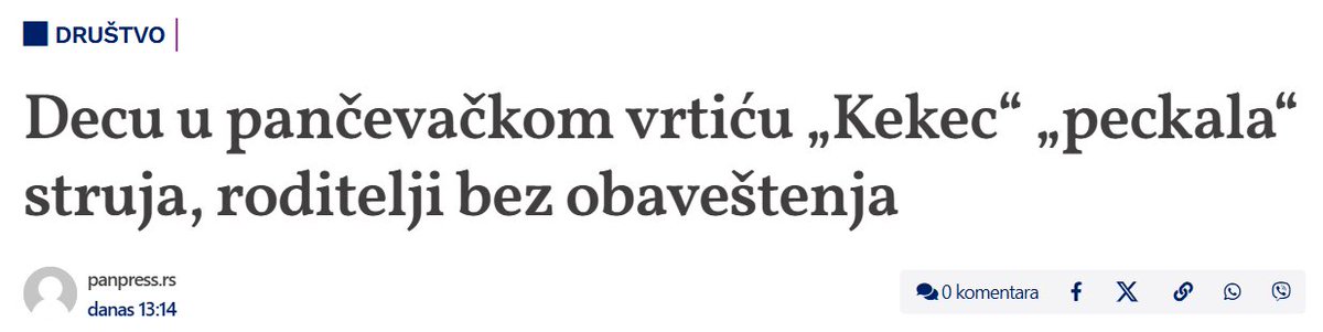 "Tokom boravka dece u vrtiću „Kekec“ u ponedeljak, 6. oktobra, deca su prijavljivala roditeljima da ih je dok su prali ruke „peckala“ struja. Roditelji od vaspitačica dobili poruku da zbog vanrednih radova iz Elektrodistribucije decu privremeno izmeštaju u vrtiće „Leptirić“ i