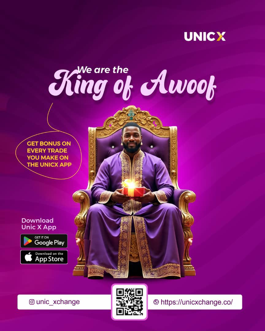 When it comes to giving value, bonuses, and best rates,UnicX wears the crown 👑, wether you trade crypto or gift cards we have something extra for you, that’s why we are for the guys wey sabi💜💛.
#KingOfAwoof #UnicXApp