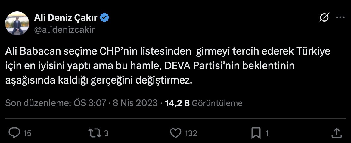 Ali Deniz de etkileşim uğruna, kitlesinin hoşuna gidecek tweetler atarak, zahmetli olan gazetecilik yerine kolay olan trolllük yapmayı tercih ediyor. Üstelik bunu yaparken, kendisinin "DEVA’nın CHP listesinden girmesinin Türkiye için en iyisi” olduğunu söylediği tweetini unutmuş