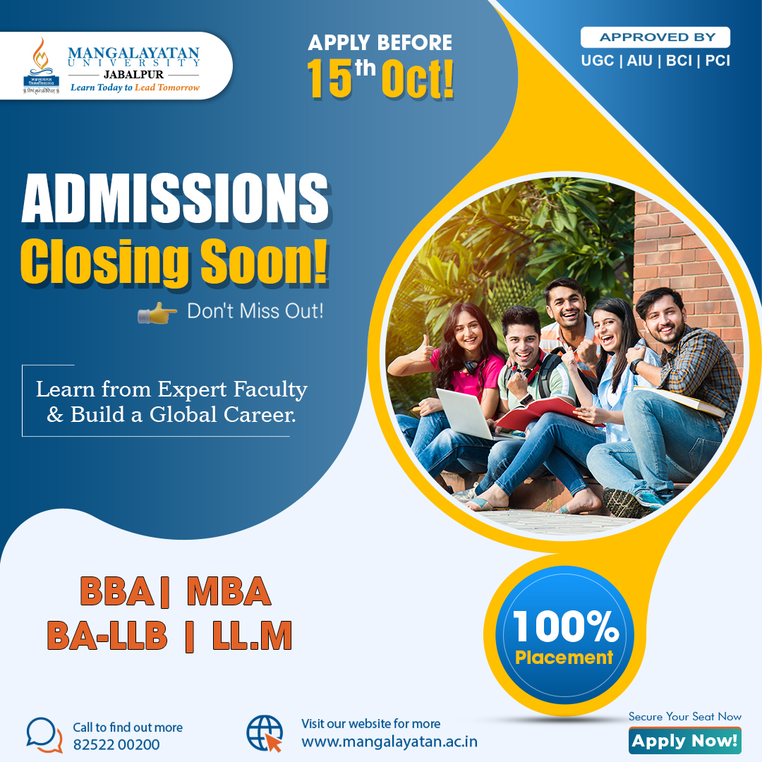 MangalayatanJbp's tweet image. Learn from expert faculty and gain world-class skills to build a global career. Don’t miss your chance—admissions are closing soon at Top University, Jabalpur. Apply now to shape your future with excellence.
#MuJabalpur #MBADegree #llmprograms #LimitedSeats #ApplyNow