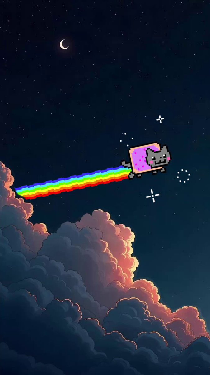 무지개 꼬리를 끌며 밤하늘을 나는 Nyan Cat 일러스트