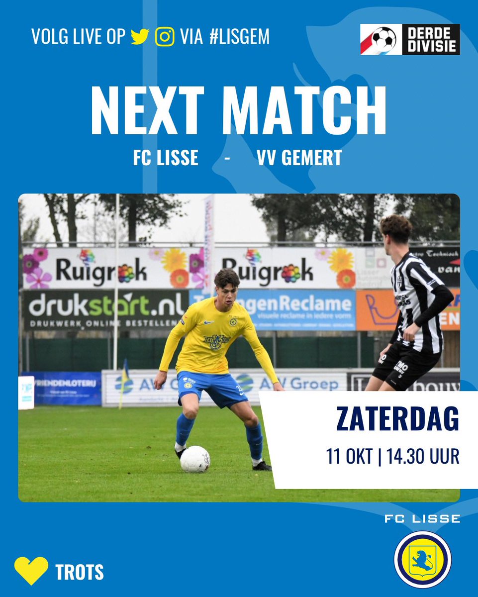 ⚽️ NEXT | Speelronde 9 | <a href="/Derde_Div/">Derde Divisie</a> |  🟡🔵 ⚔️ ⚫️⚪️ #fclisse #derdedivisie #LISgem

In de 9e speelronde seizoen 25/26 speelt onze hoofdmacht een thuiswedstrijd vs <a href="/vvgemert/">vv Gemert</a>

Aftrap 14.30u op sportpark Ter Specke 🟡⚽️🔵

Voorbeschouwing van onze JKF 
👇🏻

fclisse.nl/voorbeschouwin…