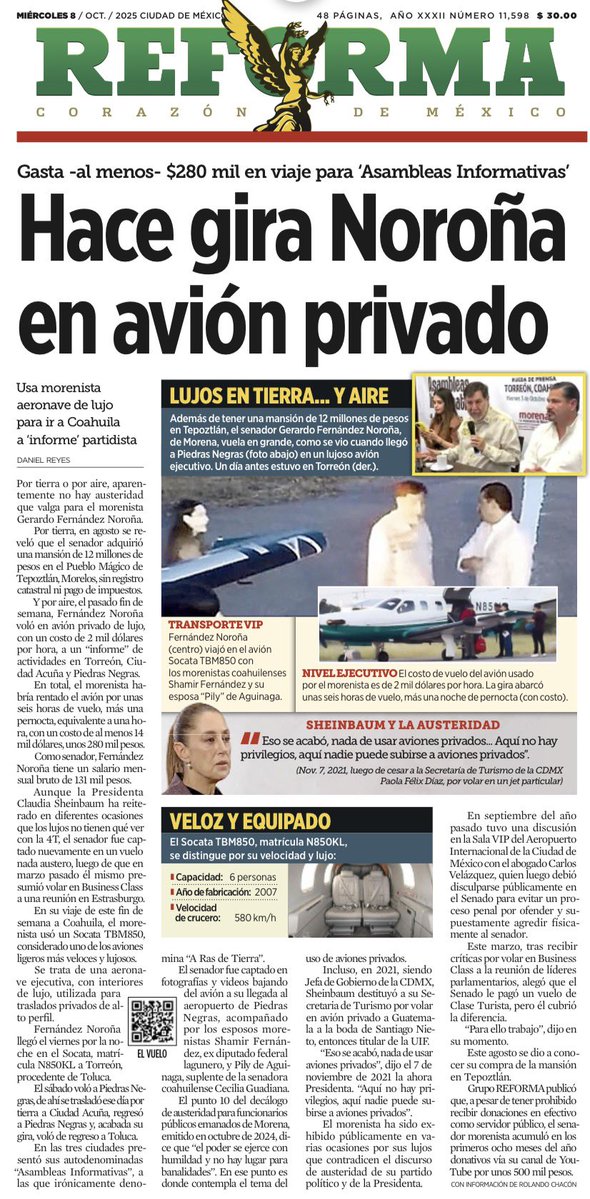 El trepador Fernández Noroña se vuelve a reír de Sheinbaum: 

El impresentable y corrupto viajó a Coahuila en avión privado de lujo, un Socata TBM850, considerado uno de los jets ejecutivos más veloces y exclusivos del mundo.

El costo del vuelo: 2 mil dólares por hora.
La gira: