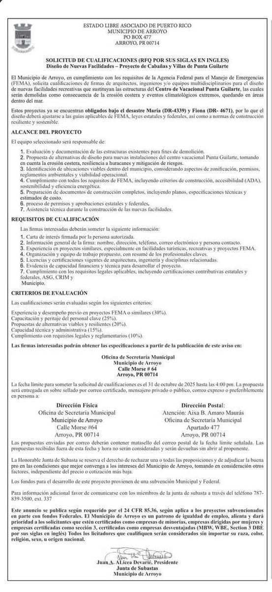 COR3 (@cor3pr) on Twitter photo 🔊¡Aviso Público! | El Gobierno Municipal de Arroyo emitió una Solicitud de Cualificaciones (RFQ) para diseñar nuevas cabañas y villas en el Centro Vacacional Punta Guilarte, como parte de los proyectos obligados por FEMA tras los desastres María y Fiona.
#ReconstrucciónEnAcción 🔊¡Aviso Público! | El Gobierno Municipal de Arroyo emitió una Solicitud de Cualificaciones (RFQ) para diseñar nuevas cabañas y villas en el Centro Vacacional Punta Guilarte, como parte de los proyectos obligados por FEMA tras los desastres María y Fiona.
#ReconstrucciónEnAcción
