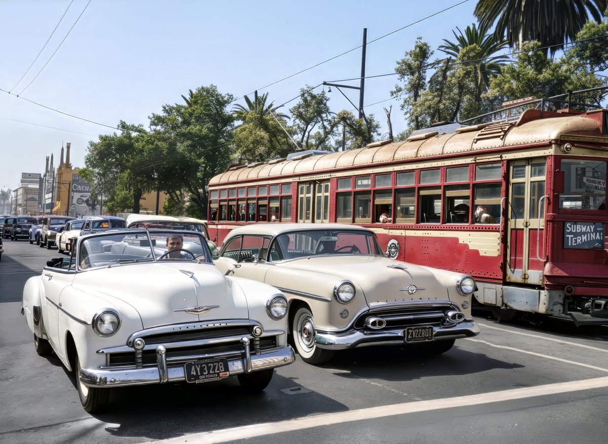 HistoryColorsHD's tweet photo. 📷 Los Angeles, 1954

A Chevrolet Styleline convertible and an Oldsmobile 88 glide past a Pacific Electric streetcar near the Subway Terminal Building.

A perfect snapshot of postwar California optimism: chrome, sunshine, and motion.🚘🌴

Source: Metro Transportation Library and Archives