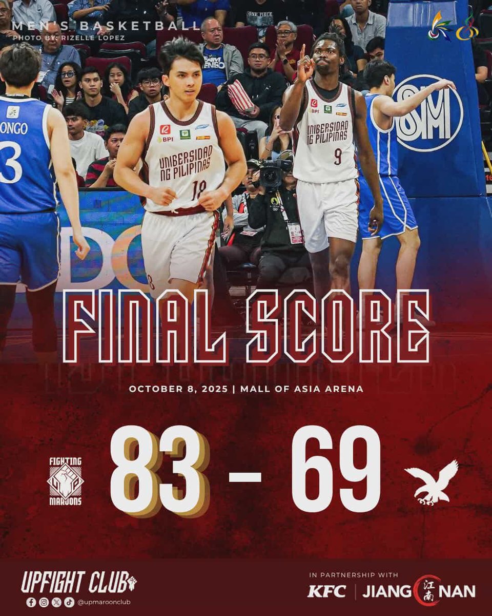 upmaroonclub's tweet photo. THREE IN A ROW 👌

No more undefeated team, as the UP Men's Basketball Team picks up their third consecutive victory, dismantling the Ateneo Blue Eagles, 83-69!

This UP Fighting Maroons Club post is in partnership with:
KFC
Jiang Nan Hotpot

#UPFight❤️💚✊🏼
#UAAPSeason88 https://t.co/1PERGb8BDP