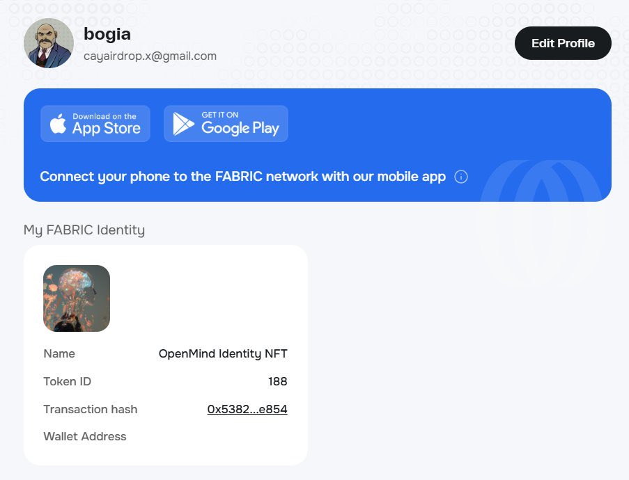Update <a href="/openmind_agi/">OpenMind</a> 

Mint Nft "OpenMind Identity NFT" Free

Yêu cầu: ví hold 0.001 Eth mạng Erc

Link mint: fabric.openmind.org/profile

Anh em nào theo kèo này thì nhớ vào mint nha, sau này không ăn được lại tiếc nhé, bogia đã có nhắc nhỡ 😁