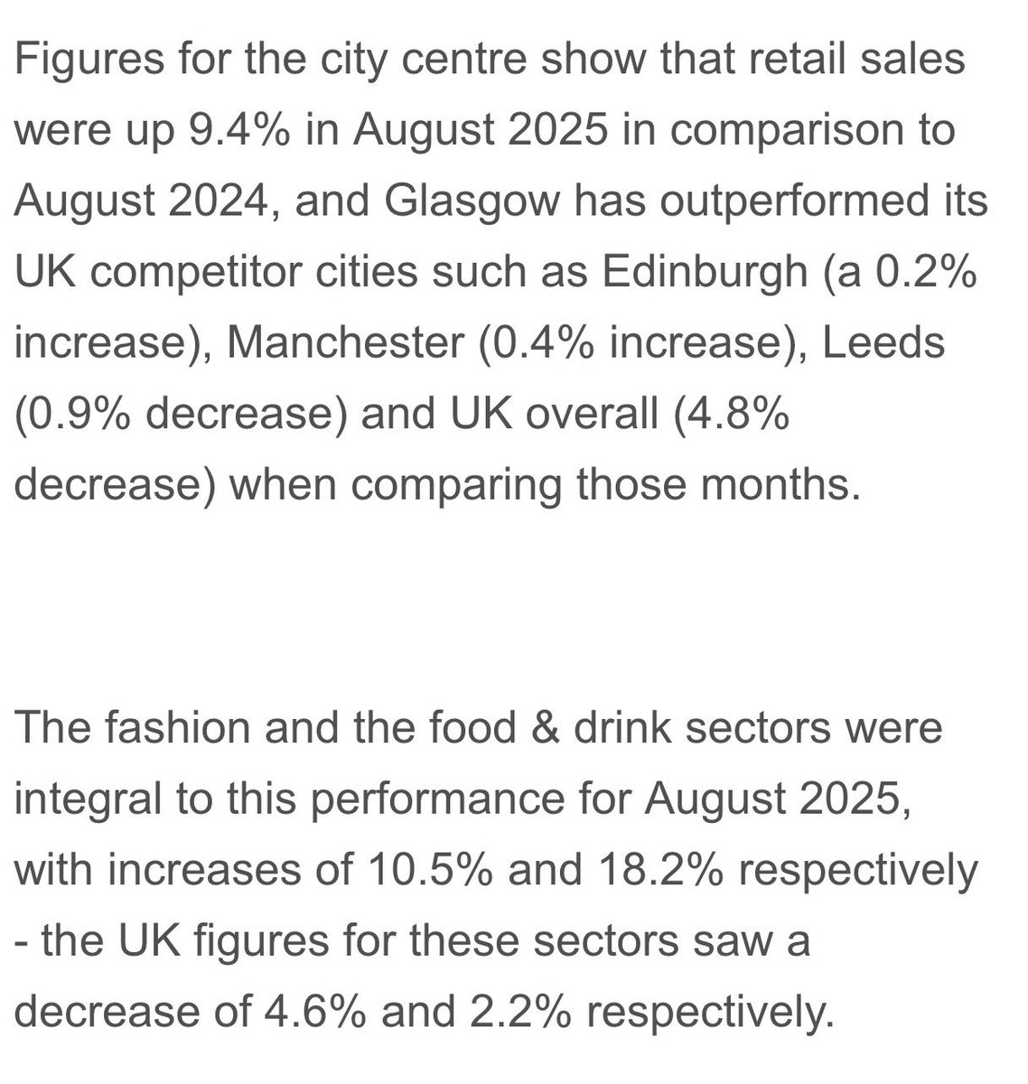 The extent to which Glasgow city centre is outperforming comparable cities elsewhere in the UK is staggering.
