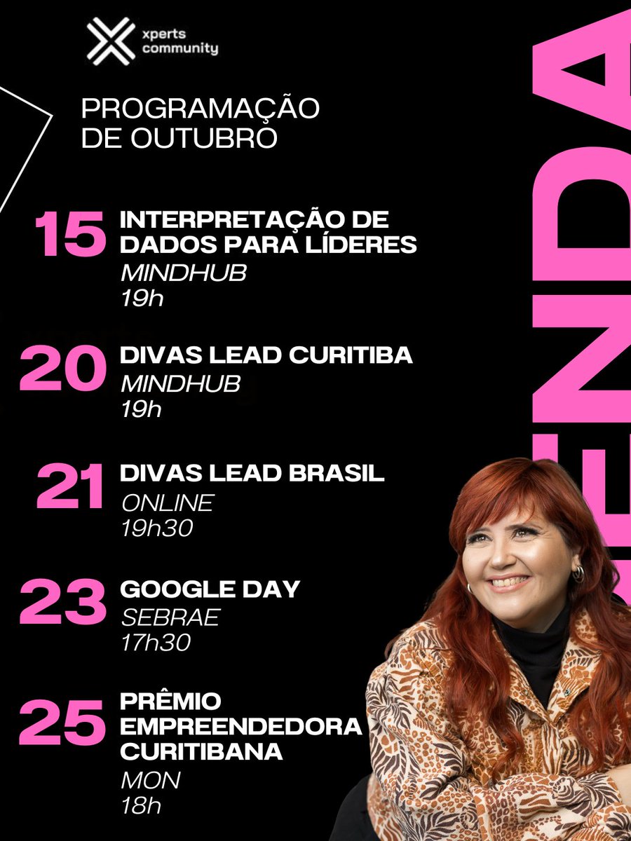 EricaMarques's tweet photo. AGENDA XPERTS OUTUBRO! 🚀
Mês de conhecimento em Liderança, Dados e Empreendedorismo (em Curitiba e online!).

🗓️ Destaques: Interpretação de Dados, Divas Lead e Google Day no Sebrae.
Quer convites, descontos e os detalhes de tudo?
Inscreva-se! 👇
https://t.co/5Zfg7DZmWY https://t.co/ceuvGEdxuM