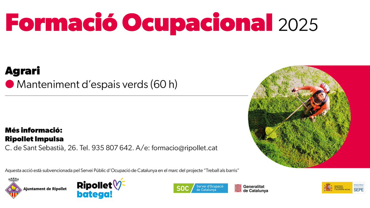 🌿Finalitzada la formació “Manteniment sostenible d’espais verds” (60 h) a #Ripollet en el que les persones participants del curs i el jovent del PFI d’Auxiliar de vivers i jardins han adquirit competències per promoure espais sostenibles.🌍💚

Gràcies per la vostra implicació!