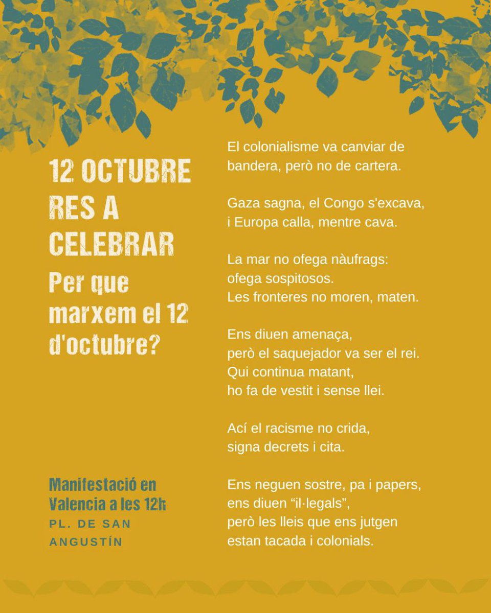 ❌12 D'OCTUBRE RES A CELEBRAR🔥

📢 Aquest diumenge 12 d'octubre eixim als carrers per cridar ben fort que no tenim res a celebrar.

Celebrar el genocidi a Abya Yala-Amèrica és incompatible amb la lluita antiracista i anticolonial ✊
👇🏼
