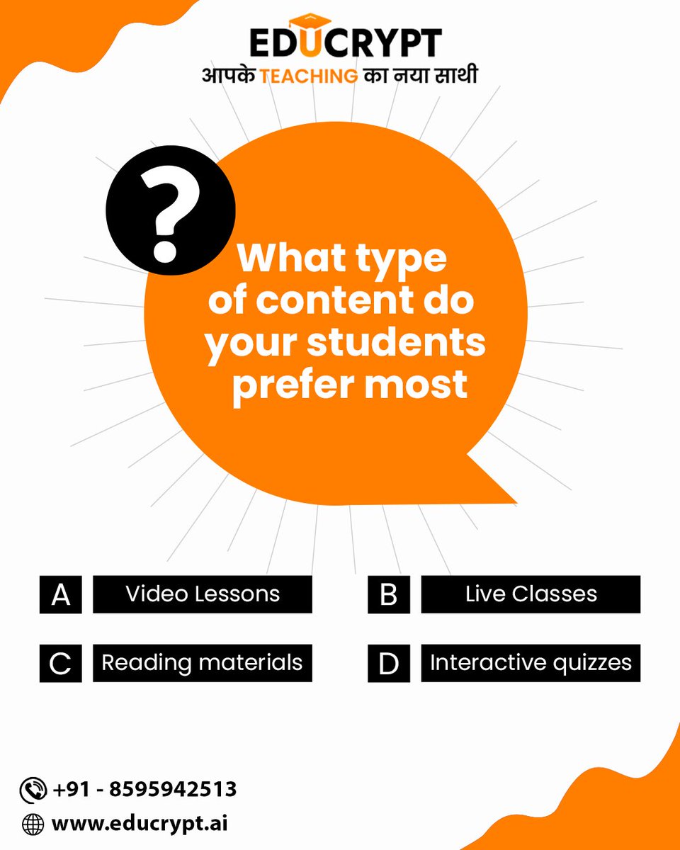 educrypt_ai's tweet photo. Learning styles differ! Which do you prefer?

Video Lessons
Live Classes
Reading Materials
Quizzes
Vote now &amp; help EduCrypt shape better learning.
#LearningStyles #EduCryptPoll #VideoLessons #LiveClasses #ReadingMaterials #Quizzes #VoteForLearning #EducationInnovation https://t.co/XDNFodzAZN