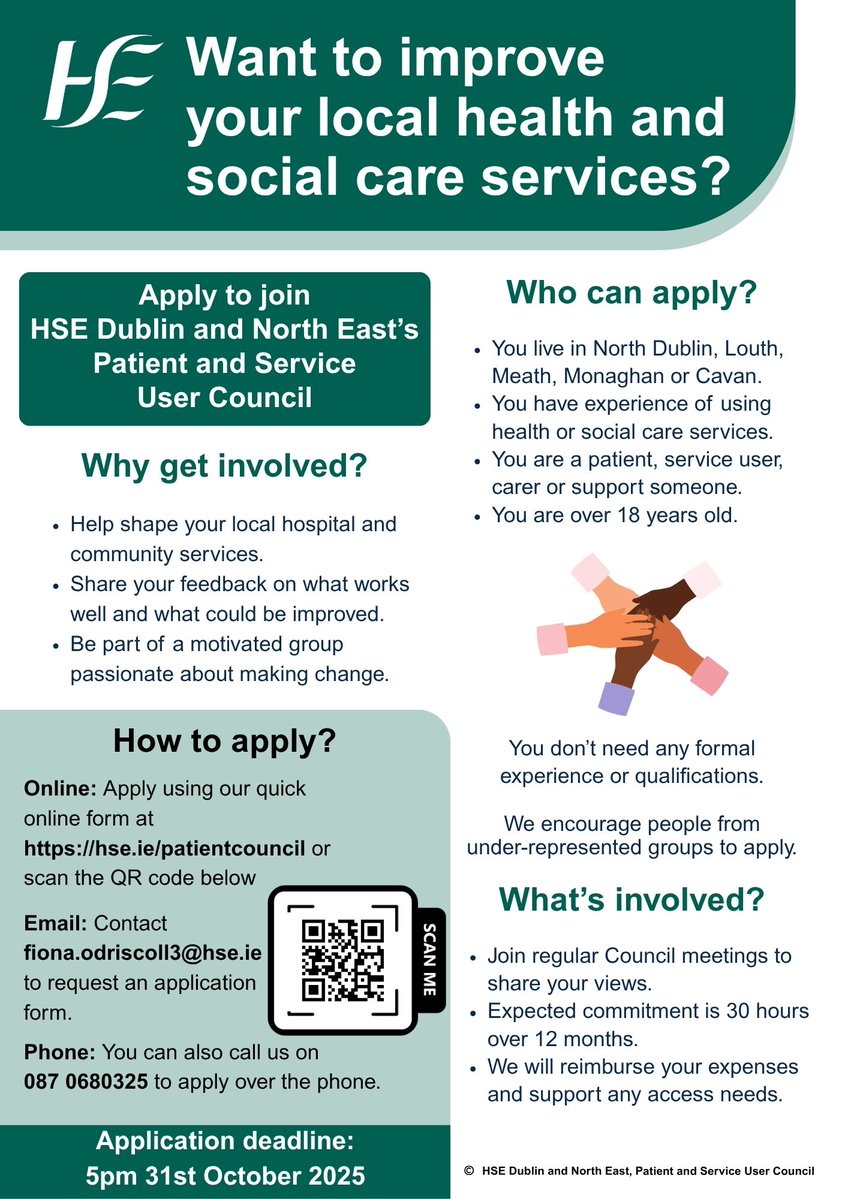 HSEDubNorthEast's tweet photo. Help us shape &amp; improve our services by joining the new Patient &amp; Service User Council in @HSEDubNorthEast. We are looking for people from a wide range of backgrounds and communities. Find out more and apply online at https://t.co/rUHeJ40tAG
#PatientPartnership #ServiceUserVoice https://t.co/tYFwQo7Q4j