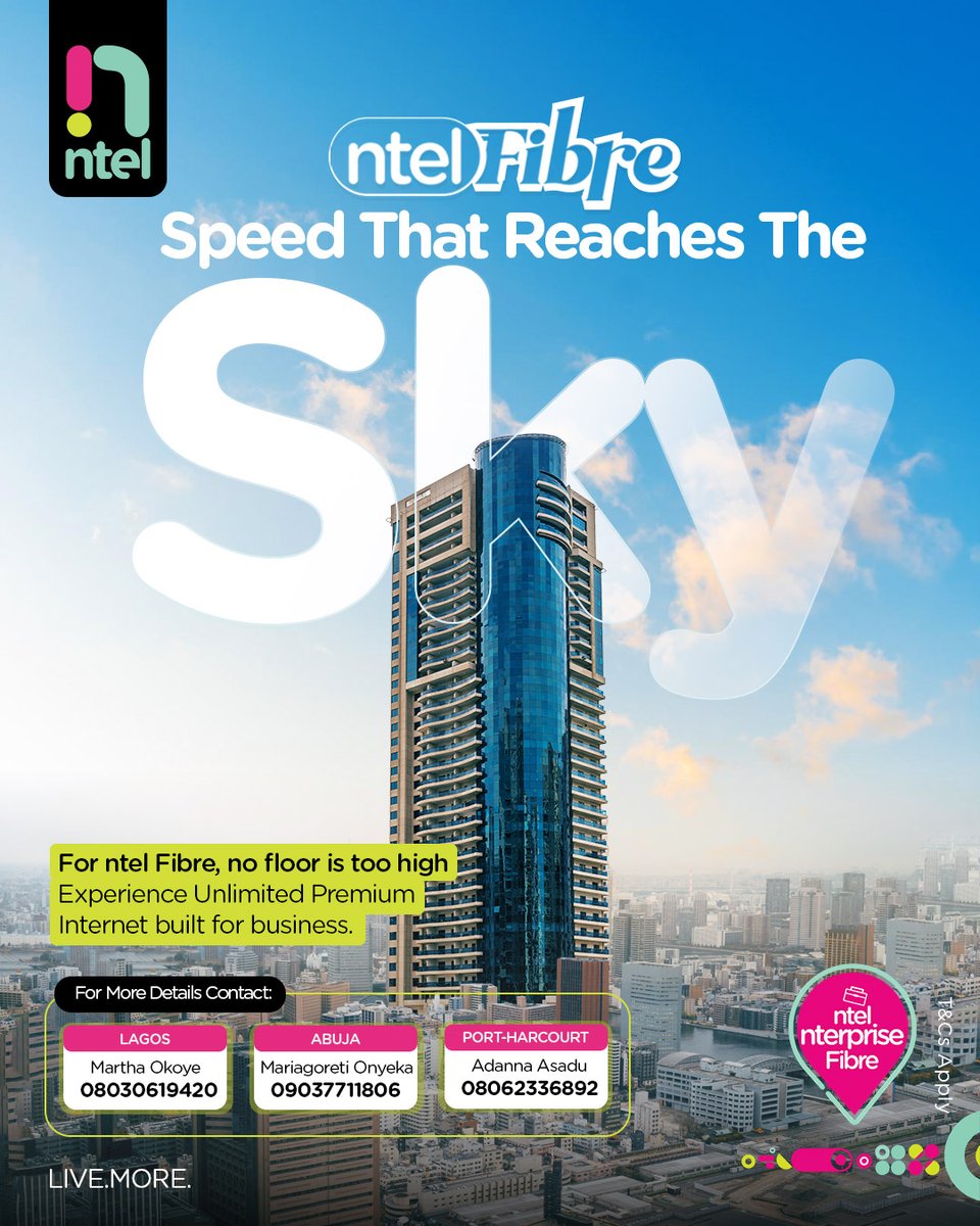 Whether your office sits on the 2nd floor or the 22nd, ntel Fibre delivers Unlimited Premium Internet, fast, reliable, and built to perform.

#ntelFibre #UnlimitedInternet #BusinessConnectivity #HighRiseSpeed #PremiumInternet #DedicatedIP #ntelNigeria #StayConnected