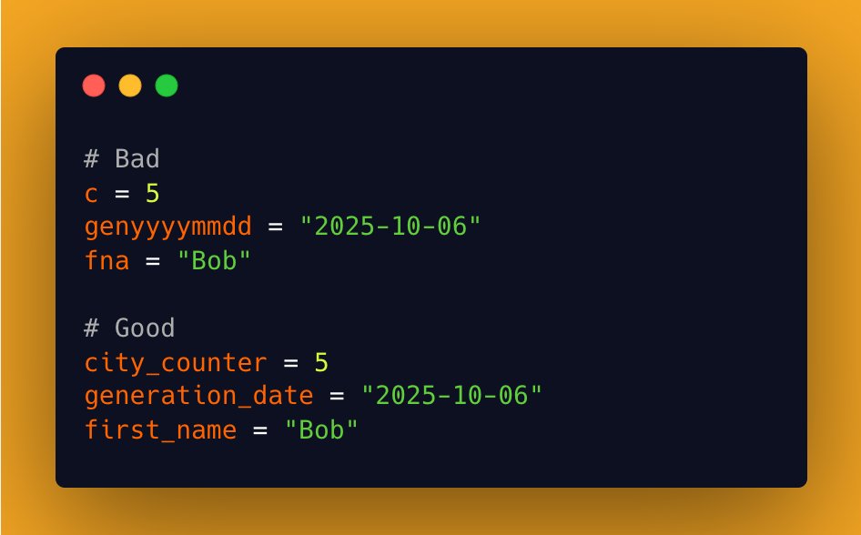 testdrivenio's tweet image. Clean Code Tip:
Choose clear, intention-revealing, and pronounceable names. 
Avoid cryptic abbreviations. Longer but explicit names make code easier to read and explain.
Example 👇
