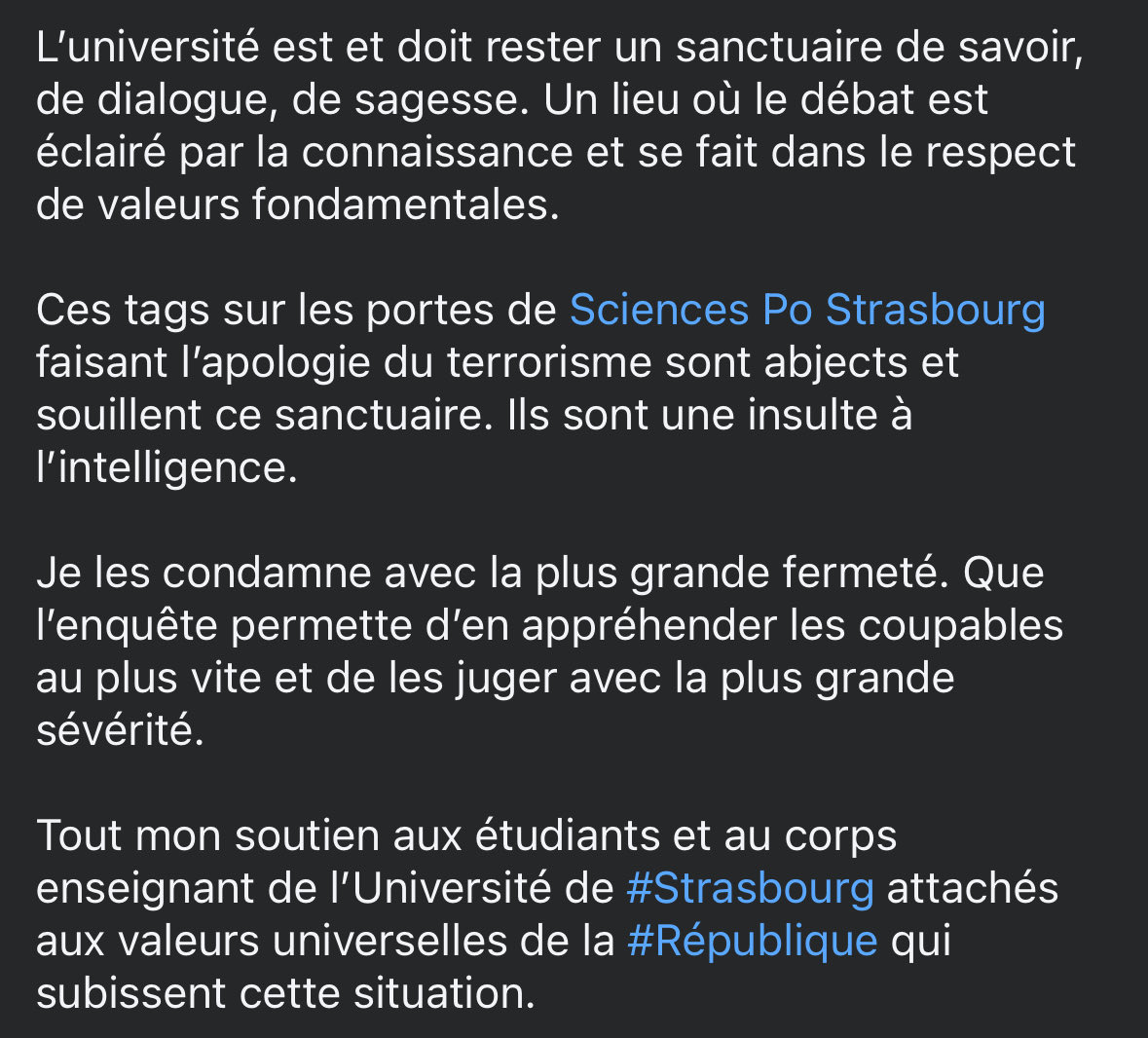 Réaction aux tags faisant l’apologie du terrorisme sur les portes de Sciences Po #Strasbourg 👇🏻