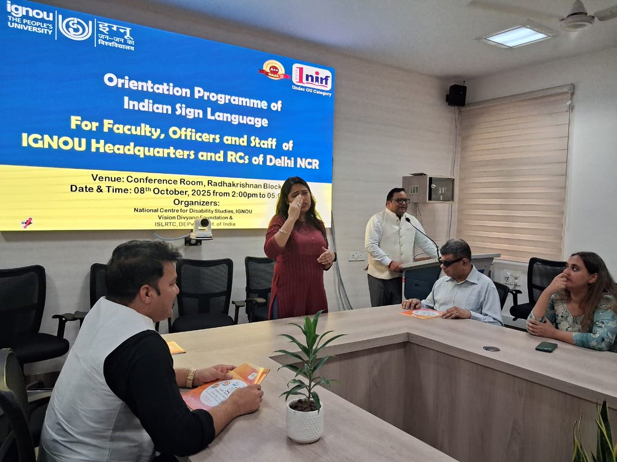 OfficialIGNOU's tweet image. National Centre for Disability Studies, IGNOU organized an Orientation Programme on Indian Sign Language for the faculty and staff of IGNOU Headquarters and Regional Centres of Delhi and NCR on 08th October, 2025