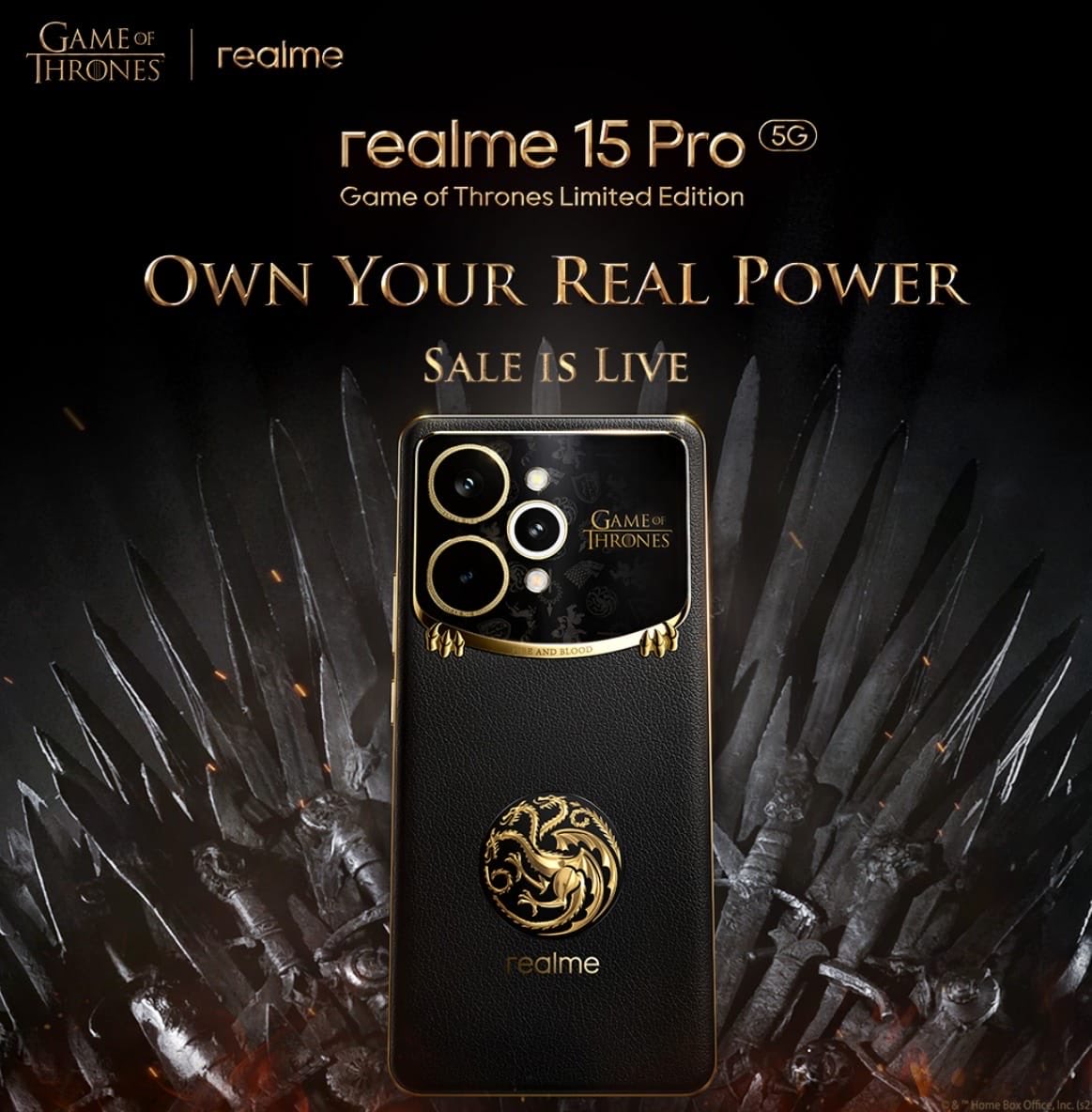 The Throne awaits its ruler! ⚔️
The realme 15 Pro 5G GoT Limited Edition (12GB+512GB) is now on sale at ₹41,999.
Claim your ₹3,000 Bank Offer or ₹5,000 Exchange Bonus before it’s gone!
#realme15ProXGOTLaunchDay #GameOfPhones