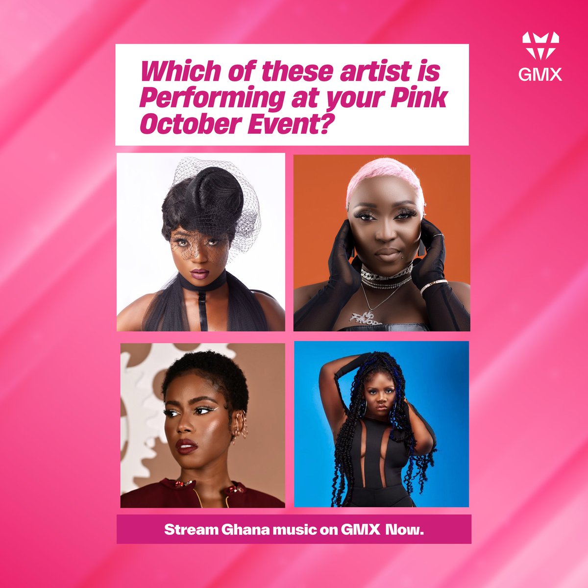 gmxmusic's tweet image. Which of these amazing artist is performing at your pink October event.

Share your thoughts in the comments.

#gmx #efya #enobarony