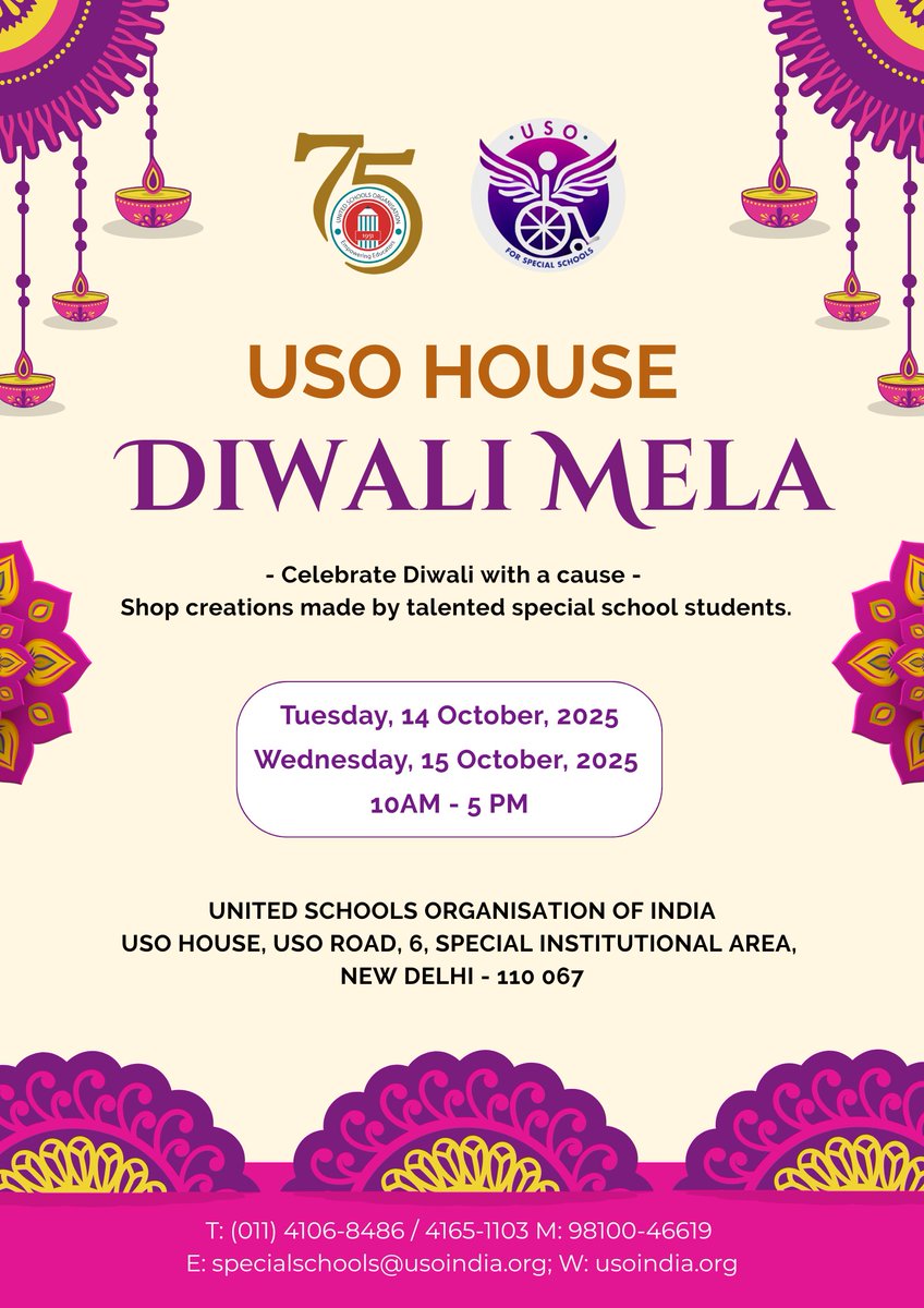 🪔✨ USO House Diwali Mela 2025 ✨🪔
 
Celebrate the creativity of students with special needs from USO member schools and buy beautiful handmade festive creations crafted with love. 🌟
 
📅 Date: 14–15 October 2025
🕙 Time: 10 AM – 5 PM
📍 Venue: USO House, New Delhi
 
#USOat75