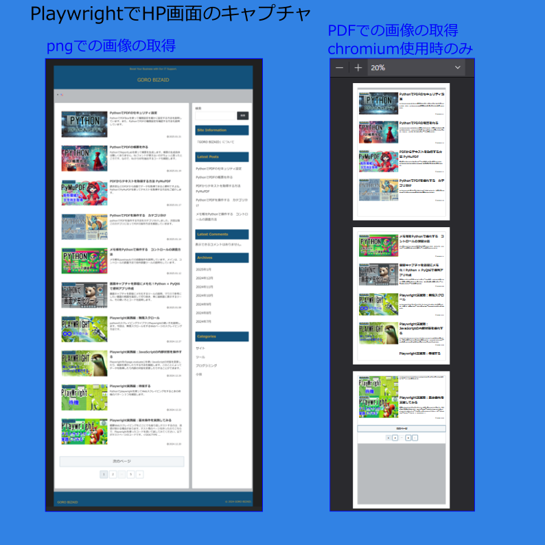 Goro_bizaid's tweet image. まだスクロールしてキャプチャ撮ってるの？
Playwrightなら一瞬で『全画面画像＋PDF』生成

page.screenshot(full_page=True) と page.pdf() を併用

A4指定や背景印刷もOK
記録・社内共有に最適

#Python #Playwright #自動化