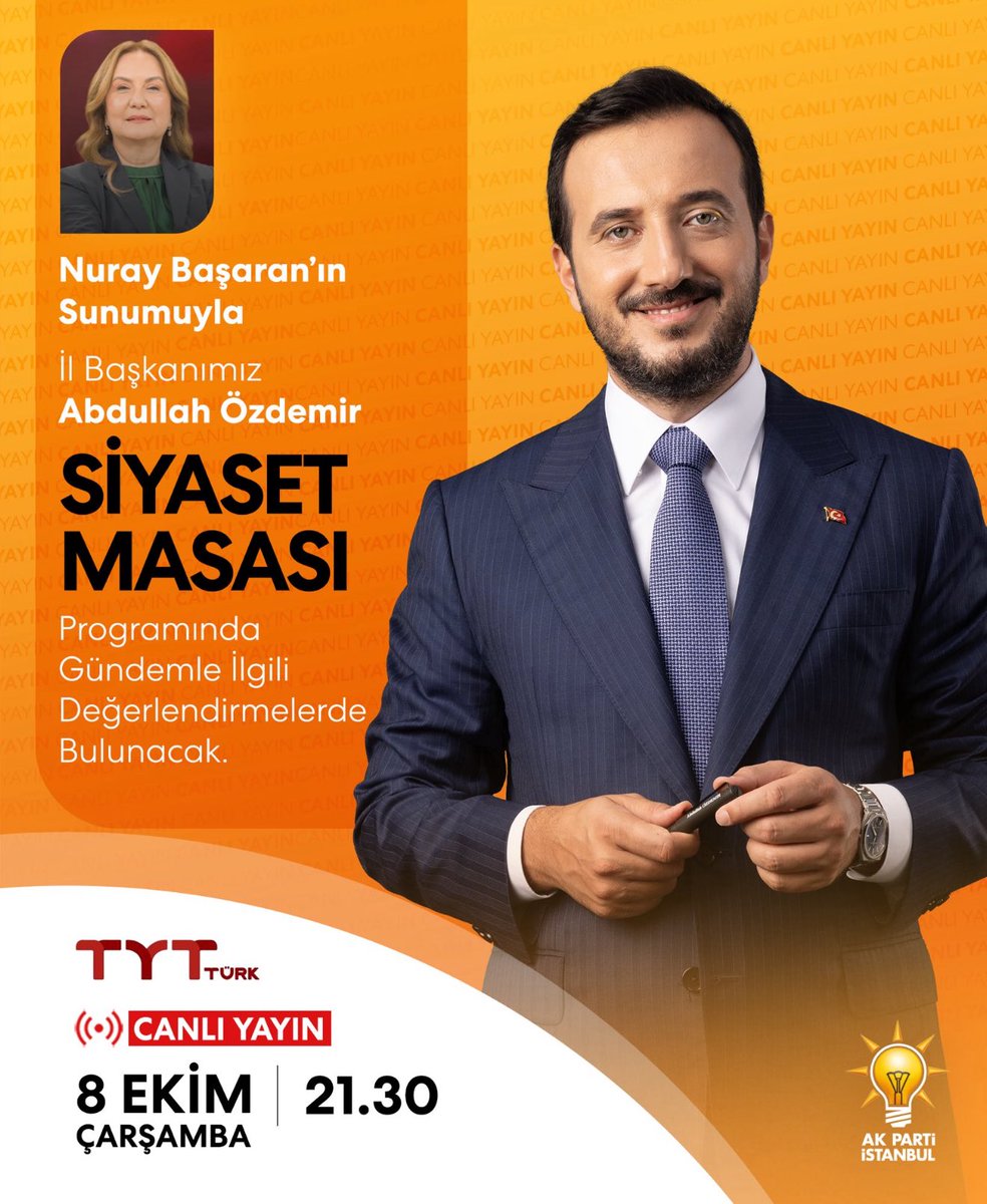 Bu akşam saat 21.30’da İl Başkanımız <a href="/abdullahozdemir/">Abdullah Özdemir</a>, TYT Türk ekranlarında Nuray Başaran’ın konuğu olacak.

Gündeme ilişkin değerlendirmelerin yanı sıra, İstanbul’un kaybolan yıllarını, bekleyen hizmetleri ve mevcut yönetimin yerine getirmediği vaatleri ele alacak.