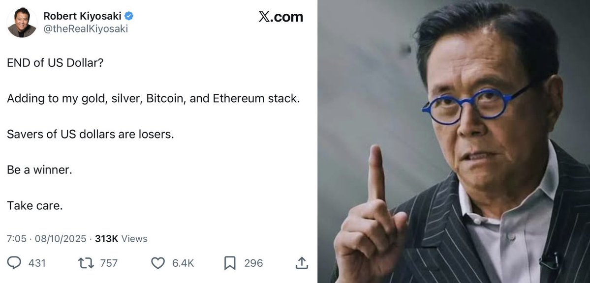 defense_civil25's tweet image. 🚨Update: “End of the US dollar?” — Robert Kiyosaki
Is the Almighty Dollar in trouble? Rich Dad Poor Dad author warns of America’s looming currency decline!
He’s now buying gold, silver, Bitcoin & Ethereum — calling dollar savers ‘losers!’ I also recommend investing in ammo!!…