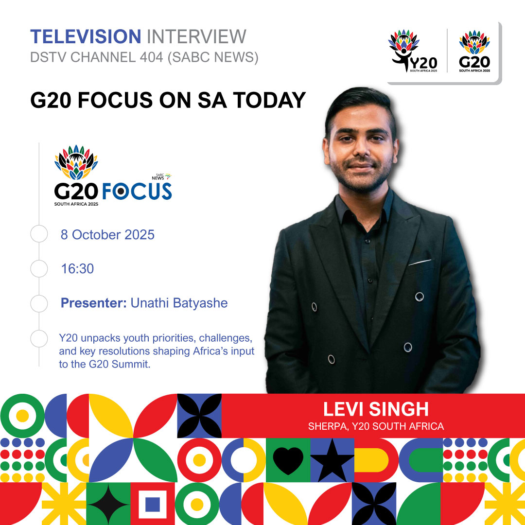 📺 Catch our Y20 South Africa Sherpa, Levi Singh, LIVE on <a href="/SABCNews/">SABC News</a> today at 16h30 on SA Today – G20 Focus!

He’ll unpack the #Y20 priorities, key deliberations, and how South Africa’s youth are shaping the G20 agenda.

#Y20SA2025 #G20SouthAfrica #G20Focus #ReKaofela