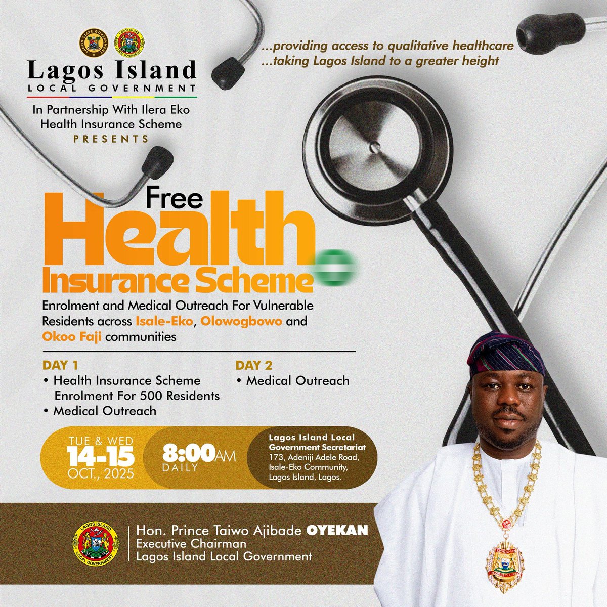 TaiwoOyekan01's tweet photo. Lagos Island Local Government [In Partnership With Ilera Eko Health Insurance Scheme]

Presents 

FREE Health Insurance Scheme Enrolment and Medical Outreach For Residents across Isale-Eko,Olowogbowo and Okoo Faji communities. https://t.co/7zvd4Adi3d