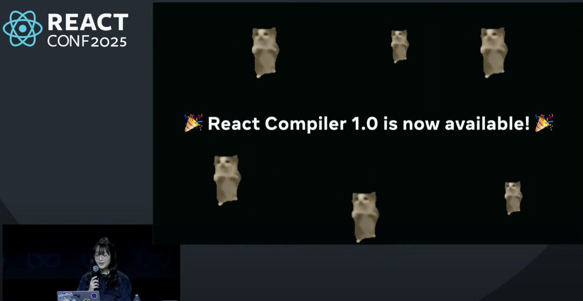 nparisia's tweet image. As usual, great news from #ReactConf
1. React Compiler is finally available - which excites me the most! 🤩
2. v19.2 brings the new &lt;Activity&gt; component and other very cook features
3. v19.3 (Canary) drops ViewTransition &amp; Fragment ref - love it!
4. React Foundation announced