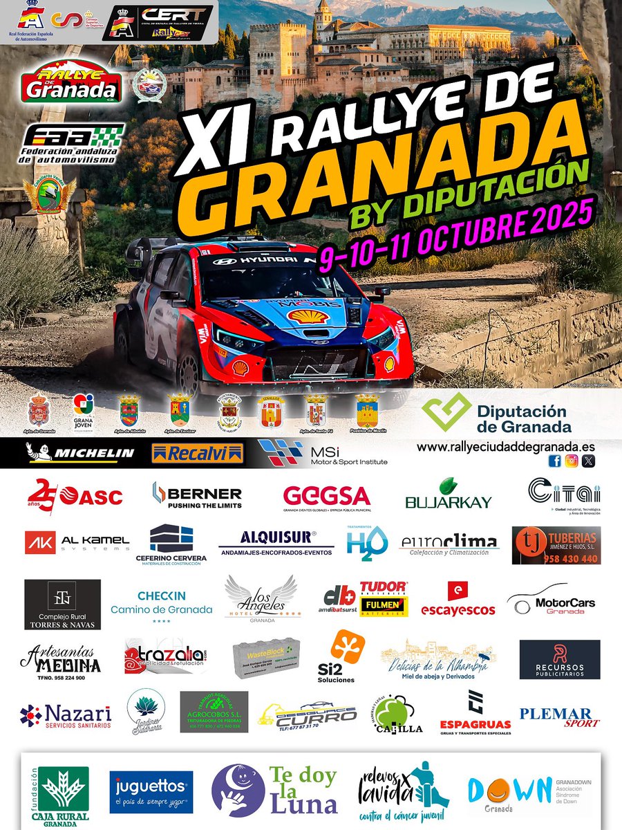 📌 XI Rallye Ciudad de Granada

🏜️ Última prueba de la temporada
📍 Granada (Andalucía)
🗓 10-11 de octubre
🗺 2 Etapas | 7 TC
📟 87,36 km crono

#CERTRallycar 🇪🇸