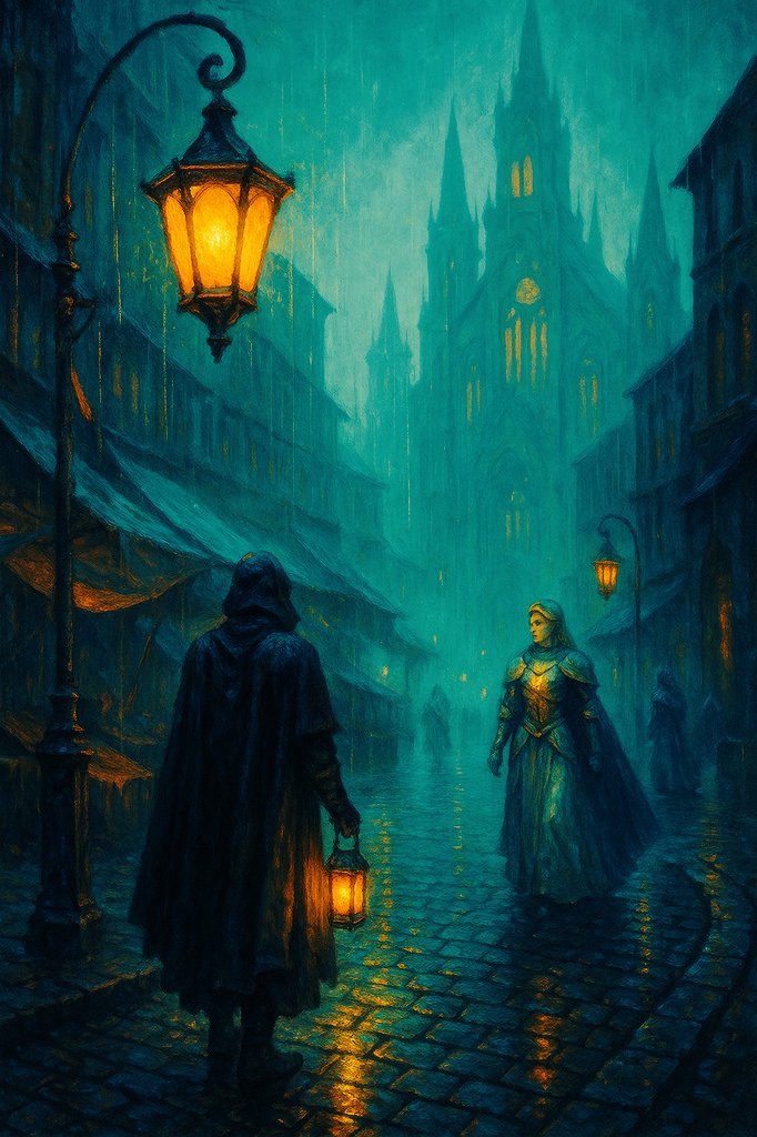 I came to Solhaven to forget. The Light is everywhere in this city...in its towers, its hymns, its rituals...and it’s only in the rain that it stops demanding things from me. Others run for warmth, but to me, the cold and wet are honesty incarnate.

#PulpFable #digitalart #art