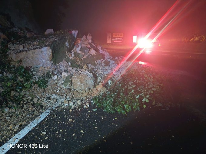 Nighttime scene of a road partially blocked by a landslide with scattered rocks and debris on the asphalt and roadside. Vegetation and uprooted plants are mixed among the rubble. Red and white emergency vehicle lights illuminate the area with a visible sign nearby. The road markings and a white line are evident on the pavement.