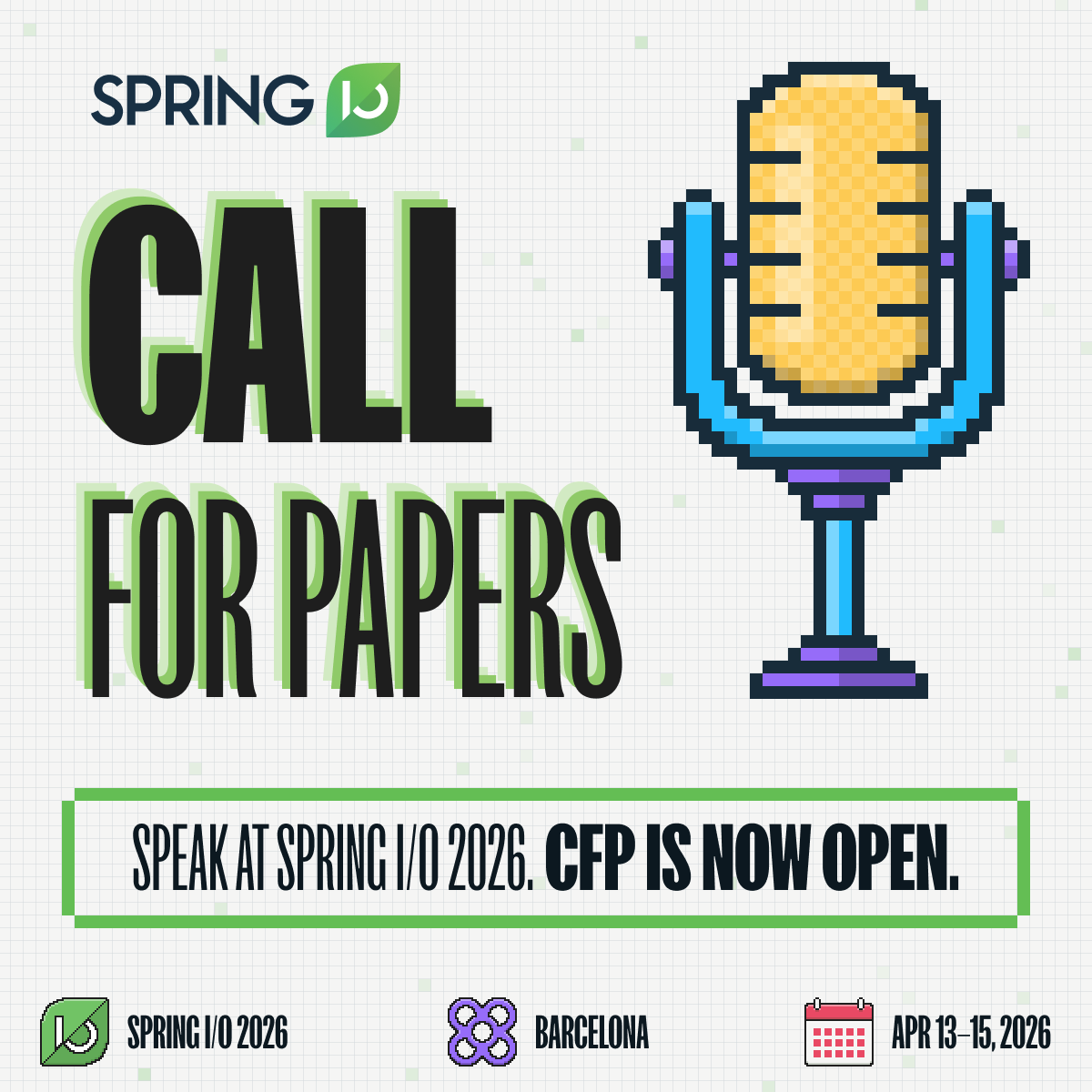 spring_io's tweet image. 📣 The Spring I/O 2026 CFP is now OPEN!

📅 Deadline: 9 January 2026
📍Palau de Congressos de Catalunya, Barcelona

👉 Submit your proposal now and join us on stage: 2026.springio.net