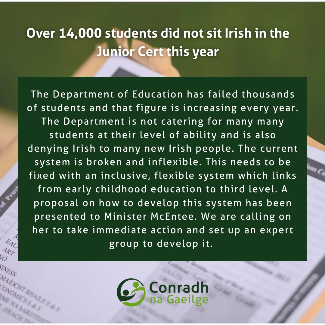 🚨Ráiteas ó <a href="/CnaG/">Conradh na Gaeilge ⭕️</a> maidir le líon na ndaltaí nár shuigh scrúdú Gaeilge sa Teastas Sóisearach i mbliana.

tuairisc.ie/20-de-dhaltai-…