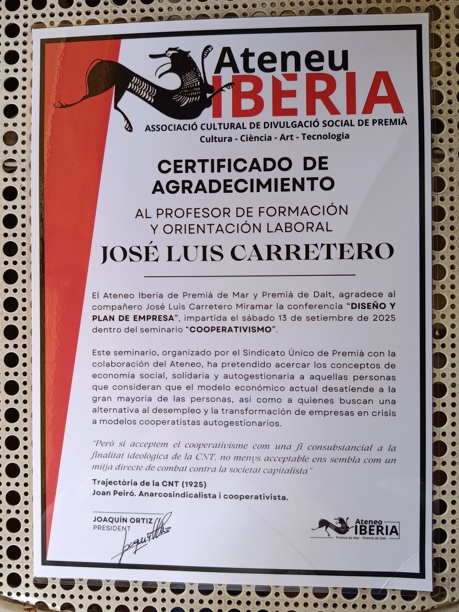 El Ateneu Iberia y  la <a href="/cntpremia/">Sindicato de Premià</a> me recuerdan mi participación en el vibrante Seminario de Cooperativismo que organizarn en septiembre. Fue una bella experiencia. Gracias, compas!
