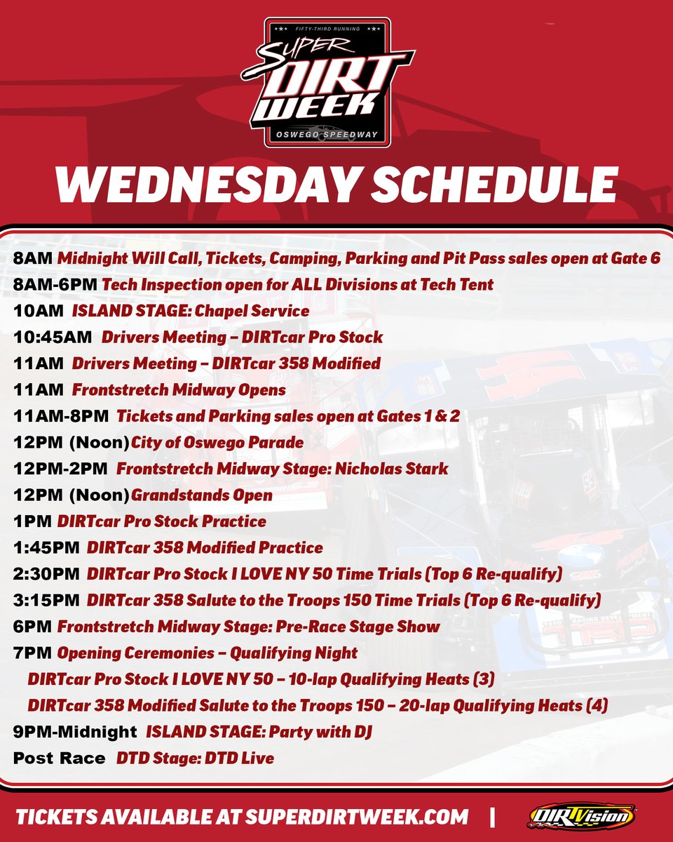 𝗚𝗼𝗼𝗱 𝗠𝗼𝗿𝗻𝗶𝗻𝗴 𝗢𝘀𝘄𝗲𝗴𝗼!  

Here is the Wednesday schedule for #SDW53, highlighted by the City of Oswego Parade (at noon) and the 1st day of on-track action!

🎟️ SuperDIRTWeek.com
📺 @DIRTVision