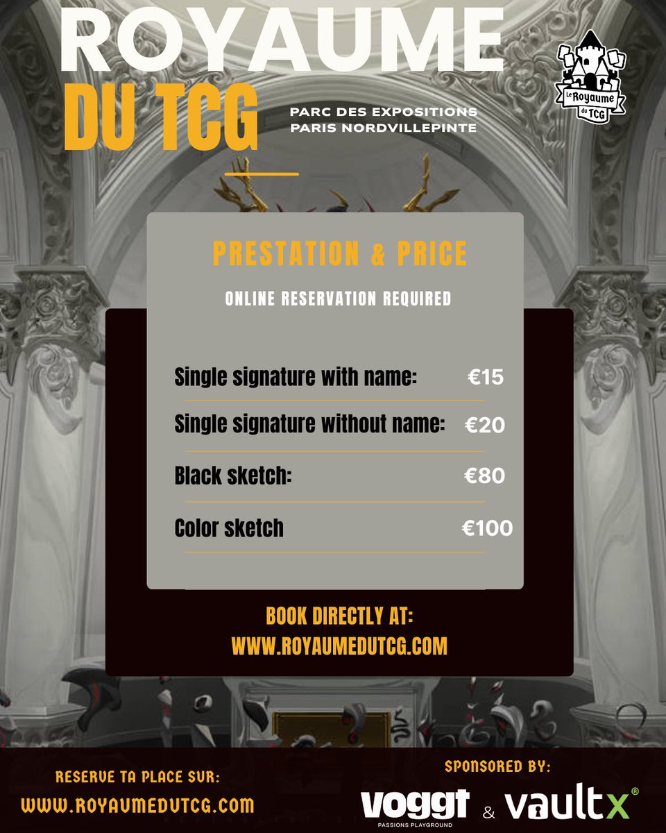 Hey guys, I'll be in Paris from November 1st to 2nd at the Parc des Expositions de Villepinte during Le Royaume du TCG. See you there!
✍️ Online reservation is mandatory for autographs and sketches. Book yours now through their ticketing website:
👉 royaumedutcg.com