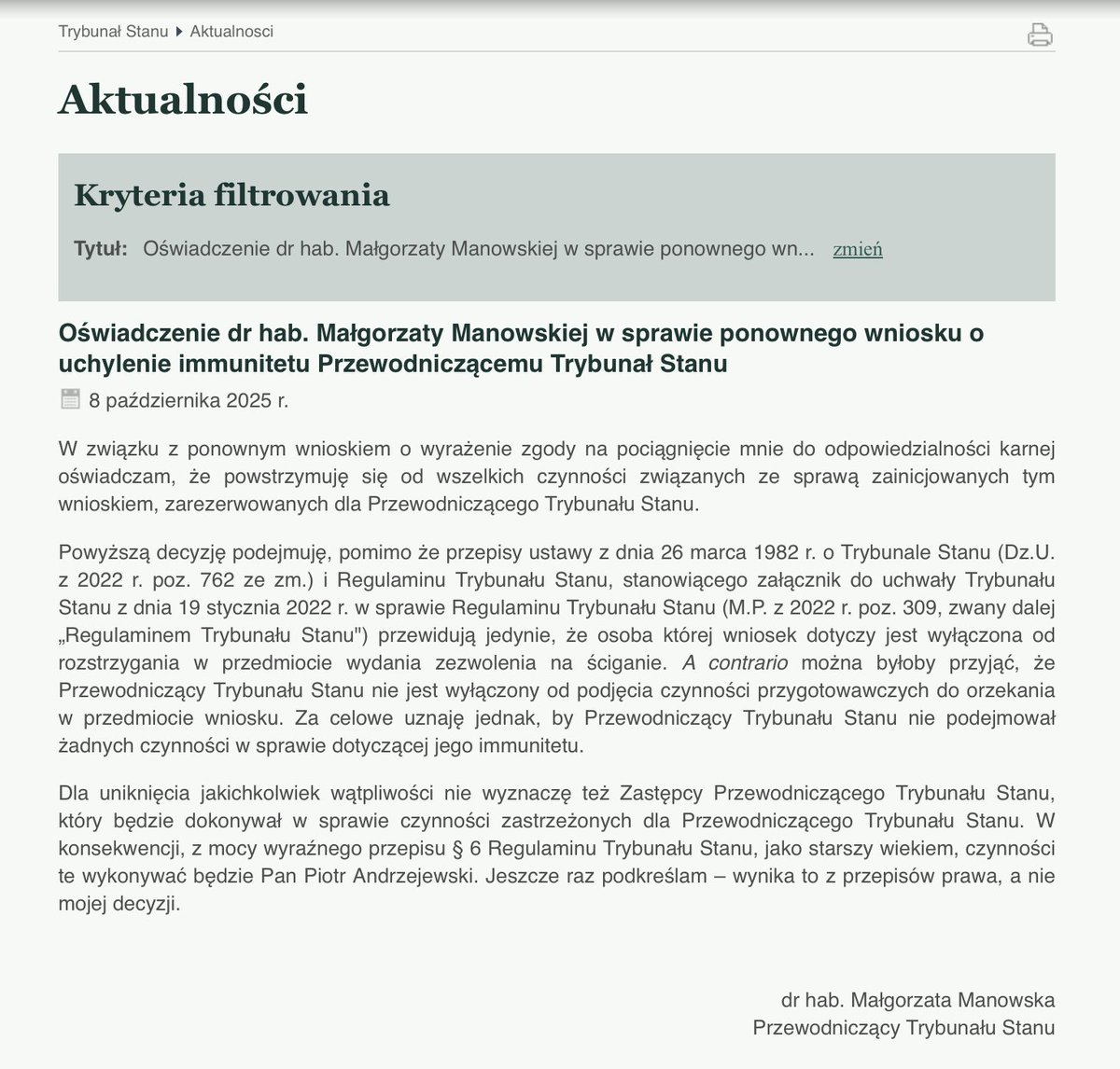 Małgorzata Manowska wyłącza się ze sprawy uchylenia swojego immunitetu w TS, a do jej rozpatrzenia nie wyznacza Piotra Andrzejewskiego!
Przewodniczącym będzie jednak... onże Andrzejewski.
Jeszcze raz podkreślam, wynika to z przepisów prawa, a nie mojej decyzji - pisze Manowska.