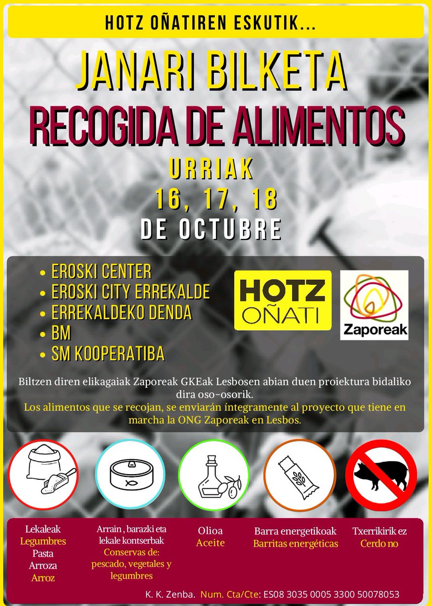 #Oñati Zaporeak elkartearentzat janari bilketa egingo du Hotz Oñatik urriaren 16tik 18ra. Bilketan laguntzeko boluntarioak behar dira. oñati.eus/eu/berbia/albi… <a href="/hotz_onati/">Hotz Oñati</a> <a href="/ProyectoSabores/">Zaporeak</a>
