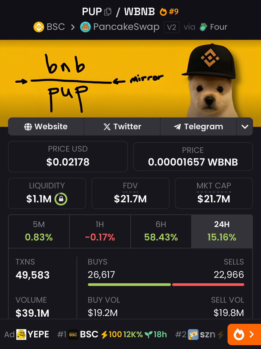 cryptoexflow's tweet image. There are currently many meme coins in the bnb network. But there are very few coins whose community and holder numbers are growing steadily and seem organic. The $PUP chart remains stronger each time by making corrections at regular intervals. DYOR
⏰