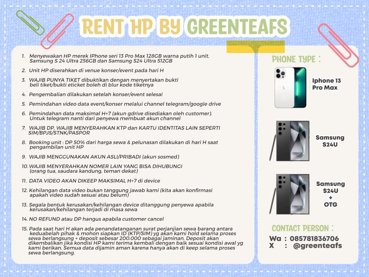 greenteafs's tweet photo. Hi guys help RT
Open rent hp for livin fest SectorK 

Tersedia 3 hp
- Iphone Promax 13 Pro
- Samsung S24 Ultra
- Samsung S24 Ultra+OTG
- Harga start 400K
- Avail D1 dan D2

Boleh cek tnc nya disini, boleh langsung dm atau chat wa ya
Enhypen Suho Illit Mandiri
S24U https://t.co/y519cX29Z5