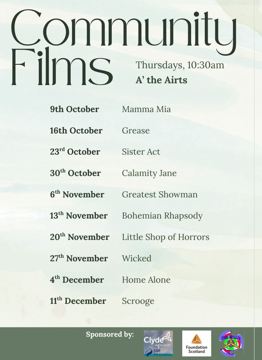 Starting this Thursday (9th) what better to do on colder days than come and have a singalong to your favourite musicals. Free for the community....
#arts #films #sanquhar