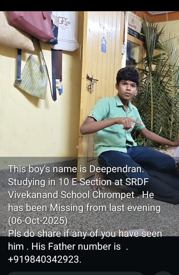 BanCheneProduct's tweet image. His name is Deependran. Studying in 10 E Section at SRDF Vivekanand School Chrompet. He is missing. 

Pls do share if any of you have seen him. His Father number is 
+919840342923.