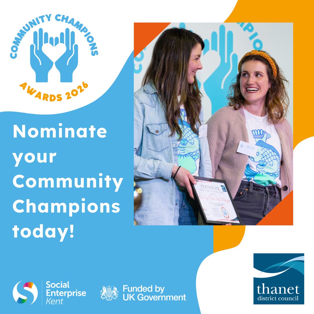SocEntKent's tweet image. Do you know someone who makes #Thanet a better place to live? Don’t keep it a secret – nominate them for the Community Champion Awards!   Voting closes Friday 31 October, so don&apos;t delay!     sekgroup.org.uk/support/suppor…