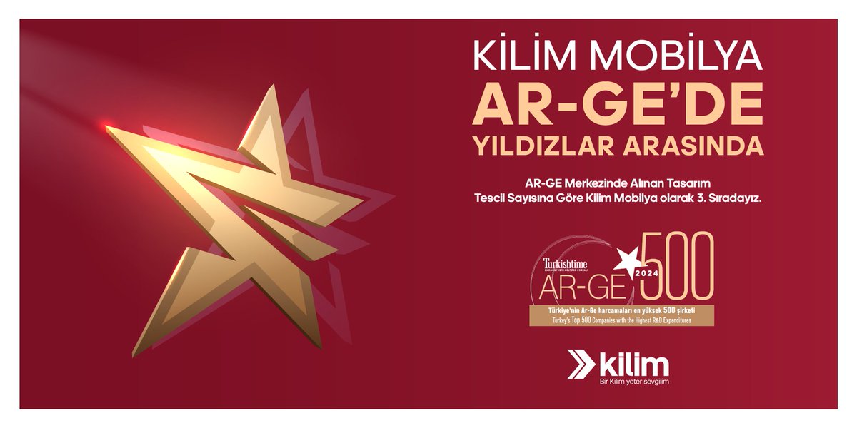 kilimmobilya's tweet image. Kilim Mobilya olarak AR-GE’de yıldızlar arasındayız!
AR-GE 500 listesinde, AR-GE merkezimizde alınan tasarım tescil sayısına göre Türkiye 3.’sü olmanın gururunu yaşıyoruz.

Yeniliğe ve tasarıma yön veren bir marka olmaya devam ediyoruz.

#KilimMobilya #ARGE #İnovasyon
