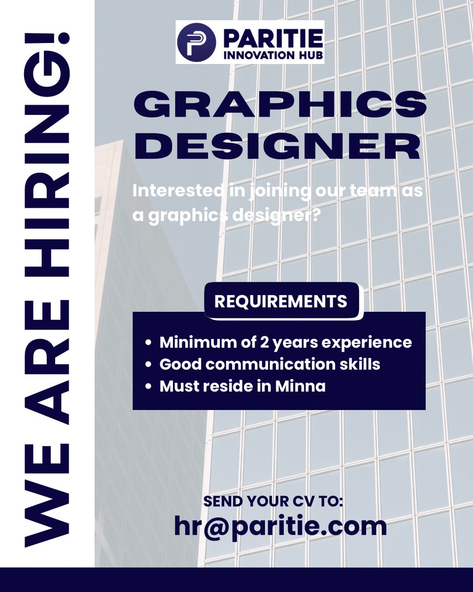 paritiehub's tweet image. We are looking to hire a Graphics Designer to join our team. 

Location: Minna

Interested? Send your CV to hr@paritie.com using the job title as email subject.

#qualityassurance #tutor #uiuxdesigner #joinourteam #applynow #createimpact #wearehiring  #joinus