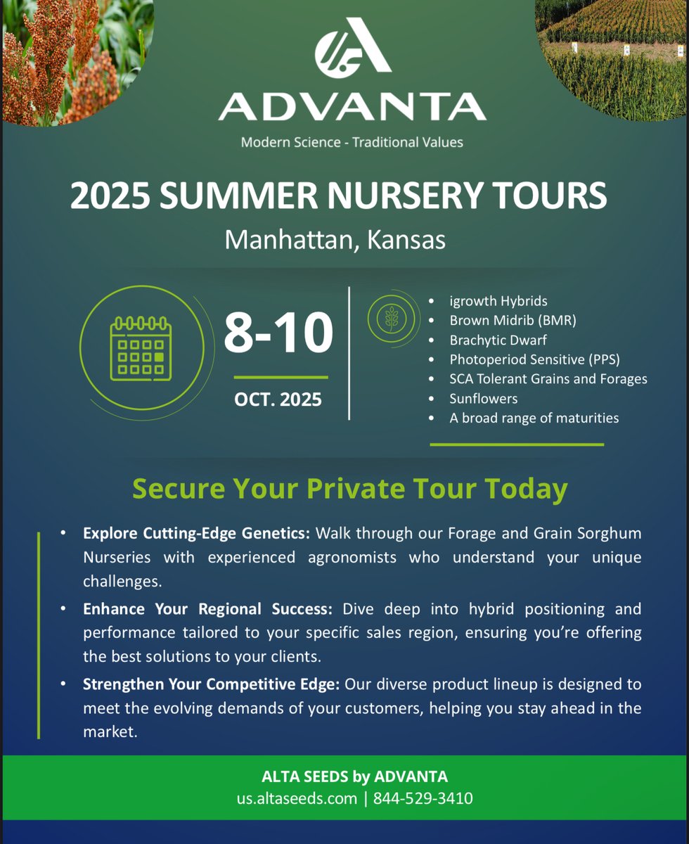 Tours start today! 🌾

Join <a href="/AdvantaSeeds/">Advanta Seeds</a> at 1050 Airport Rd, Manhattan, KS for the 2025 Nursery Tours (Oct 8–10).

See iGrowth hybrids and other high-performing genetics built for your region.

us.altaseeds.com | 844-529-3410

#iGrowth #AdvantaSeeds #Sorghum #AltaSeeds